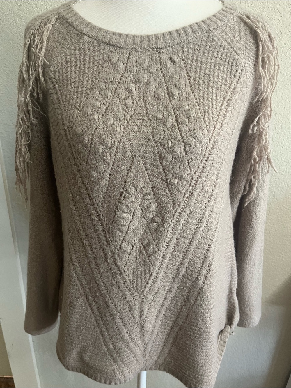 Vintage America Taupe Cable Knit Fringe Shoulder Sweater